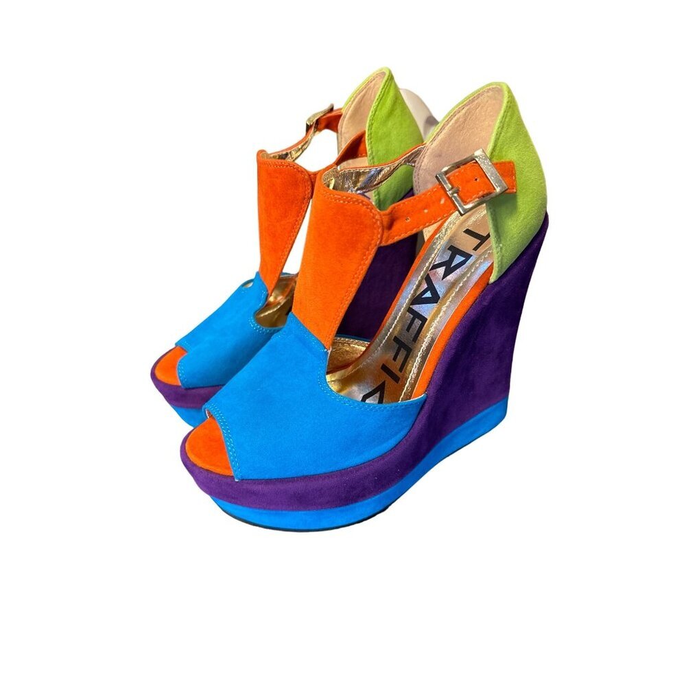 Vintage Traffic Color Block High Wedge Platform Strappy Shoes Sz 6